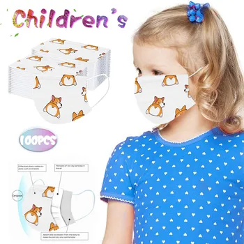 

Child Mask Cute Corgi Print Mask Cartoon Animal Printed Disposable Mask Outdoor Dustproof 3 Ply Breathable Face Masks 50/100 PCs