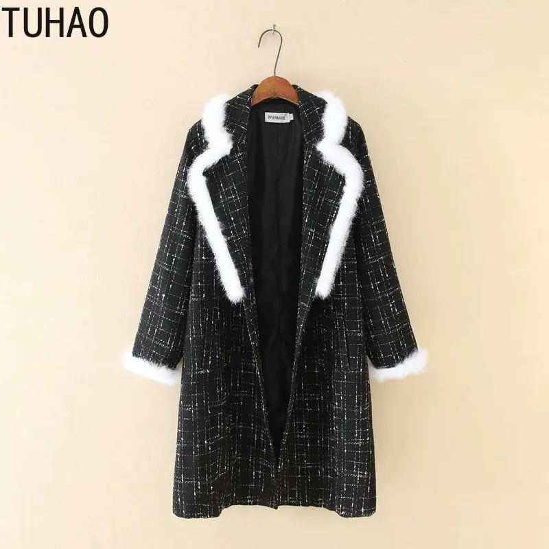 TUHAO 5xl 4xl 3XL зимнее женское Шерстяное клетчатое пальто элегантная верхняя одежда повседневное свободное плотное женское кашемировое пальто LZ68