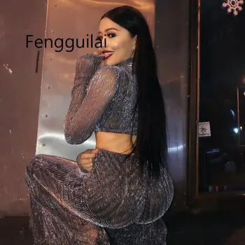 

FENGGUILAI Sexy Sheer Mesh Two Piece Set Women Pullover Skinny Tops + Elegant Wide Leg Pants Fashion Club 2 Piece Set Vestidos