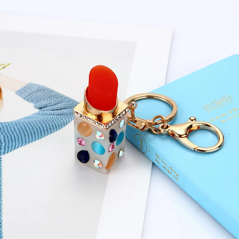 Fashion Rhinestones Flashing Perfume Bottle Keychain Beautiful Lipstick Keychain Key Ring Exquisite Women's Crystal Charm Gift