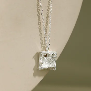 

Korean Irregular Square Pendant Long Necklace 925 Sterling Silve Gold Chain Necklaces For Women Kolye Minimalist Fine Jewelry