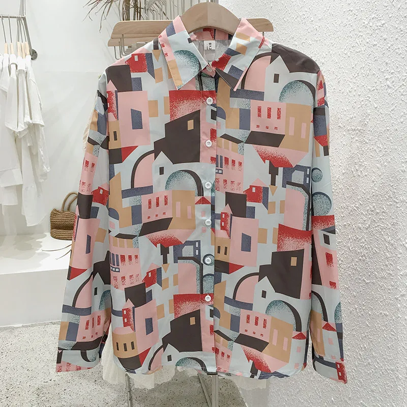 

Mooirue Vintage Plus Size Women Blouses Funny Abstract Color House Printed Loose Cardigan Korean Style Top Casual Blusa Feminina