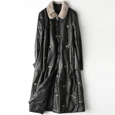 Black New Real Leather Jacket Women's Winter Sheepskin Coat Genuine Leather Down Jacket Women Mink Fur Collar Down Parka Cothes - Цвет: Black