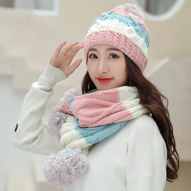 Женская шапка Skullies Beanie и шарфы перчатки из трех частей зимние шапки для женщин шарф-перчатка набор Kitted шерстяная Круглая Шапочка сохраняющая тепло - Цвет: blue
