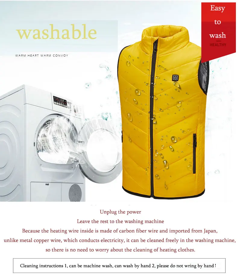 A rechargeable and washable electric USB-powered coat with three adjustable warming temperatures providing snug winter warmth.