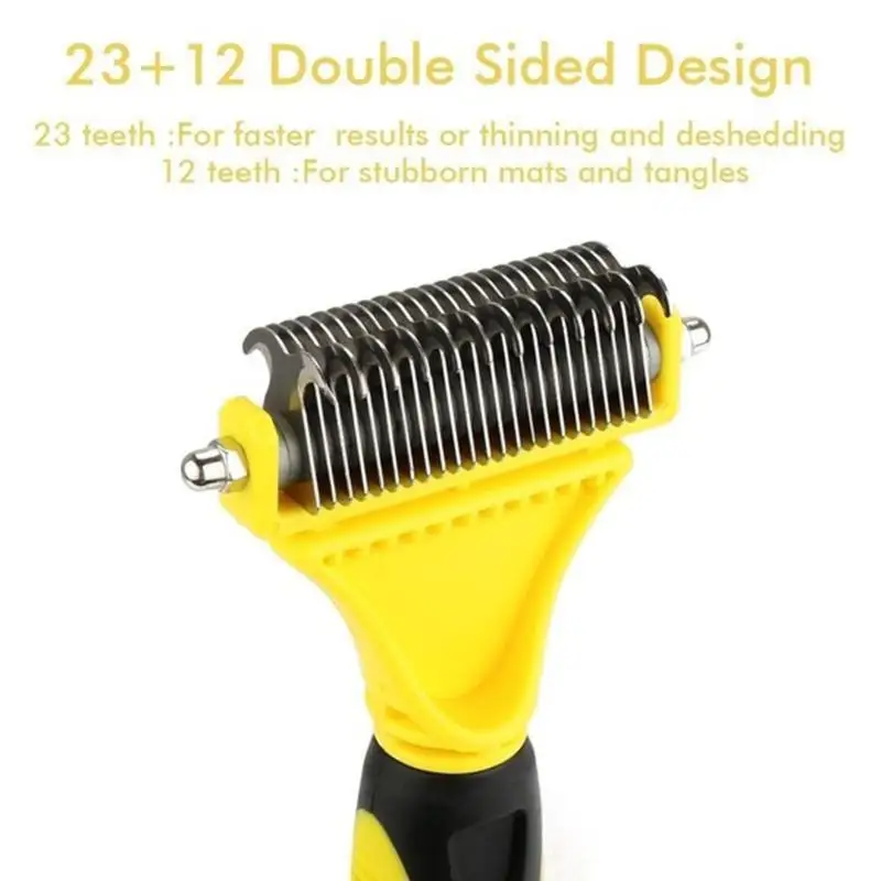 Цвет: желтый New Double-sided Hair Removal Comb for Dogs Cat Detangler Fur Trimming Dematting Deshedding Brush Grooming Tool Pet Supplies - Цвет: Цвет: желтый