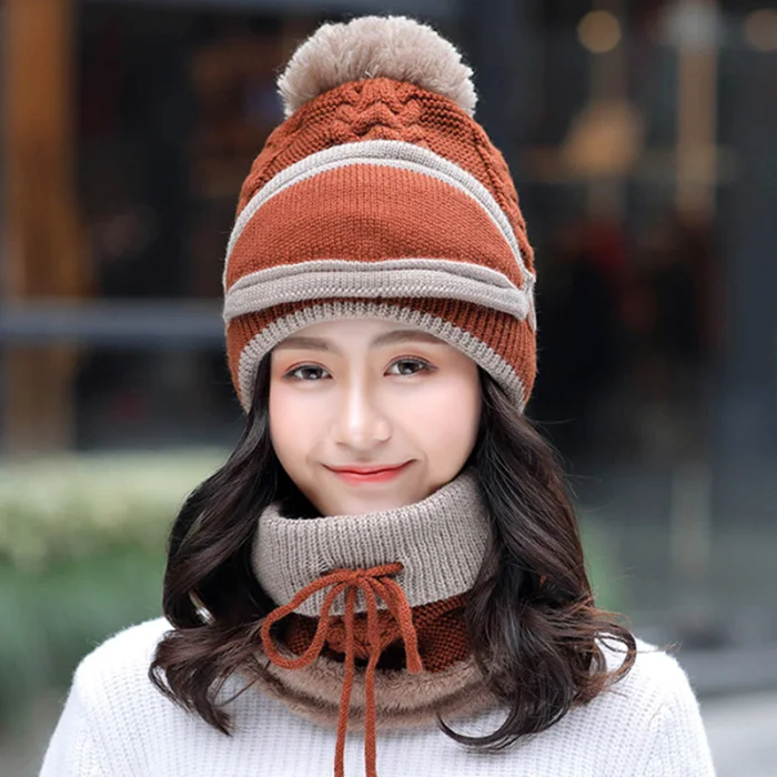 3 in 1 Winter Beanie Scarf Mask Set Warm Cap Hat Soft Knit for Women Outdoor JL