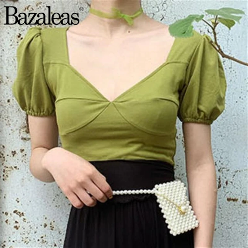Bazaleas Мода blusas mujer de moda шикарные яркие зеленые Блузы с пышными рукавами элегантная женская блузка Прямая