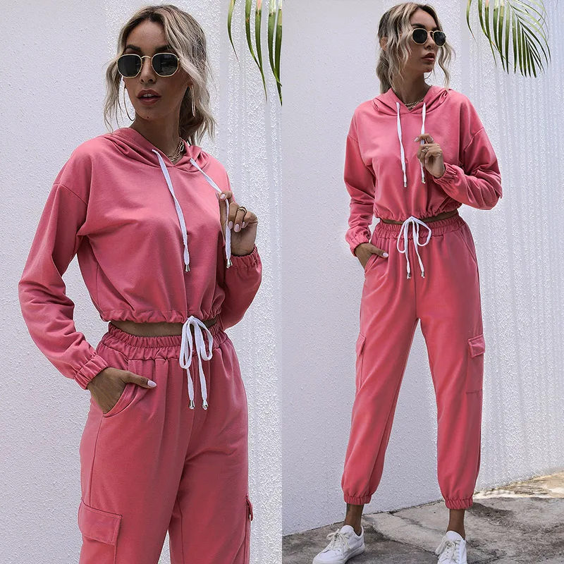 

Womens Sport Suit 2 Pieces Sets Fall Winter Pocket Hoodies Sports Tops Trousers Tracksuit Sweatshirt Sweat Female Jogging Suits