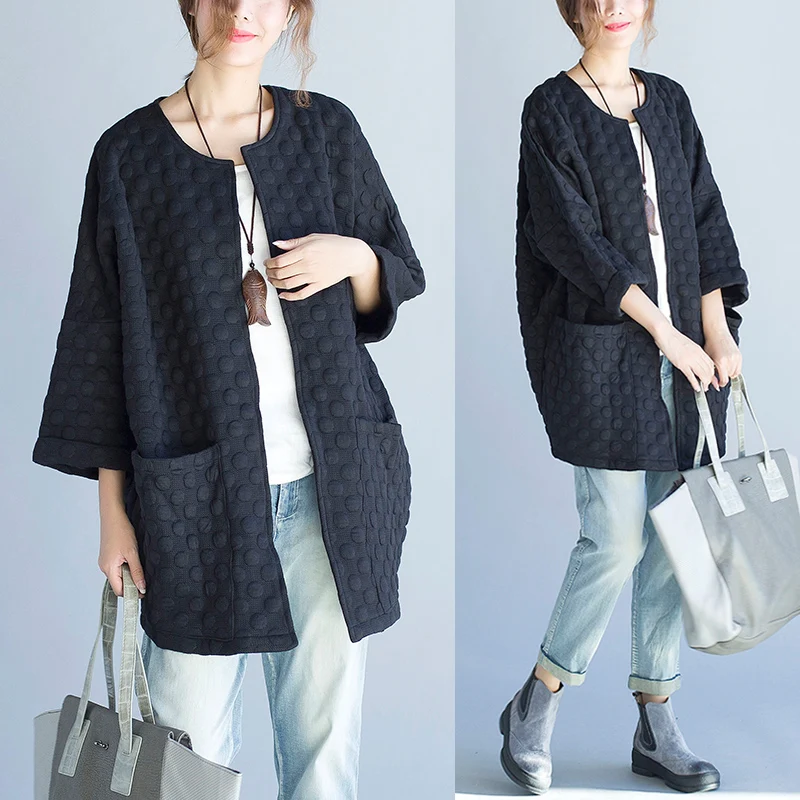

Plus Size Women Jacket Basic Cotton Coat Spring O-Neck Polka Dot Female Vintage Cardigan Loose Elegant Casual Black Coat Autumn