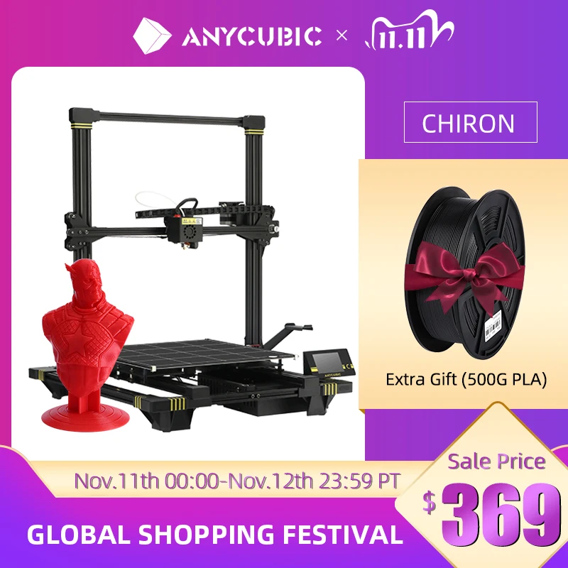 ANYCUBIC Chiron New 3D Printer kit Plus Size Large Ultrabase Extruder Screen Dual Z Axisolor Updated