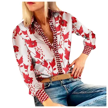 

Women Adjustable Sleeve Chains Pineapple Print Button blouse shirts Women Elegant Leisure Top sexy V-Neck Basic Blusas 2020