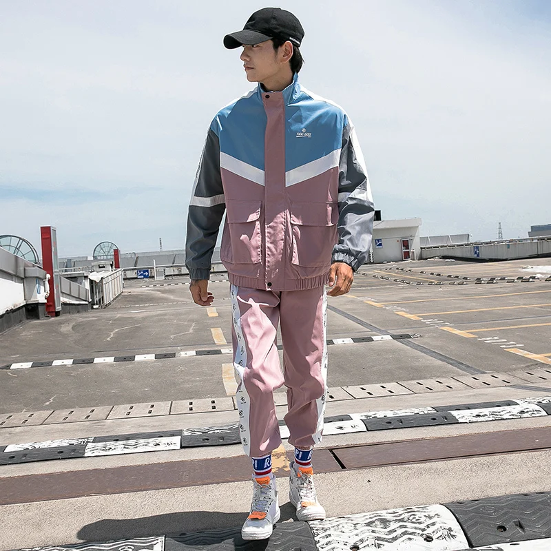 pinkcolour Куртка+ брюки с несколькими карманами, 2 предмета, Ropa Deportiva Hombre Moda Survete, мужской осенний спортивный костюм для мужчин, комплект из двух предметов - Цвет: pinkcolour