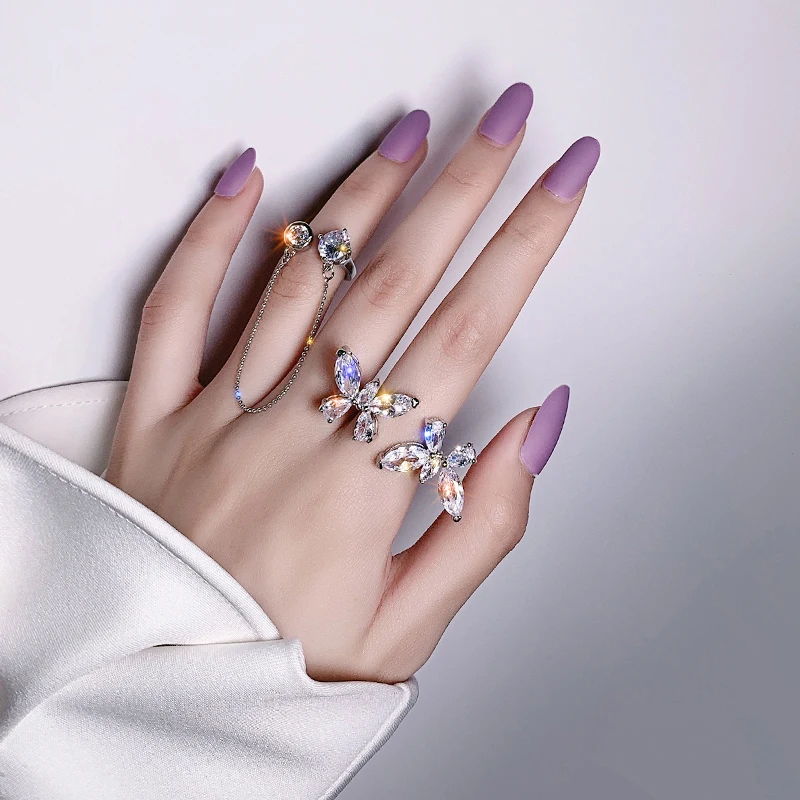 2020 Korean New Design Fashion Jewelry Shiny Butterfly Zircon Flower Open Ring Female Prom Party Ring