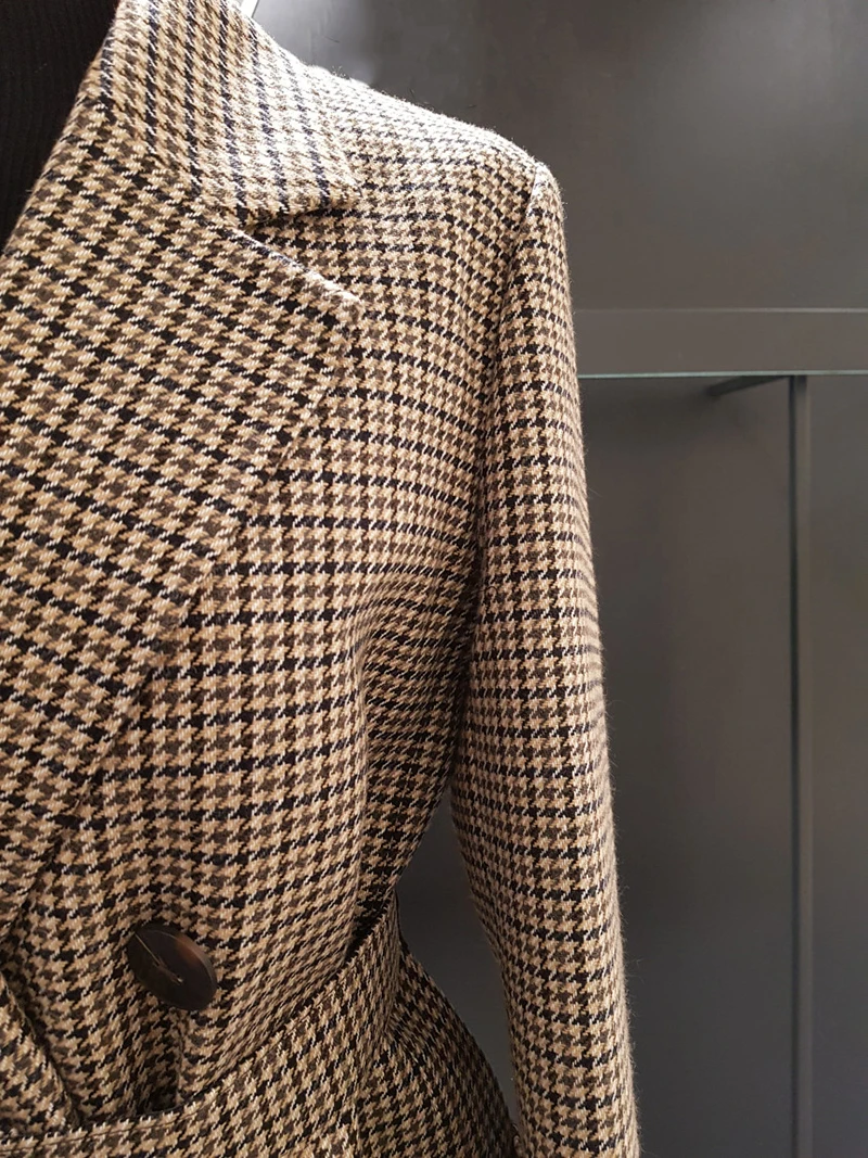 autumn winter vintage plaid woolen blazer women double breasted straight belted suit jacket