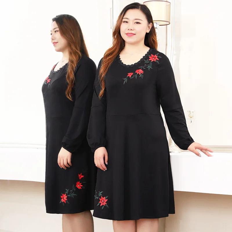Большие размеры 10XL 8XL 6XL 4XL,Российские размеры 66, 62, 58, 54 женское осеннее платье с длинными рукавами женское винтажное черное элегантное платье с цветочной аппликацией тонкие платья