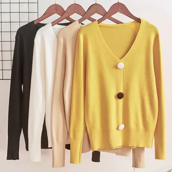 

Cardigans Sweater Elegant Women Sweater Winter Solid Color Button Slim Long-Sleeved V Collar Slim Bottom Knit Sweater Cardigans*