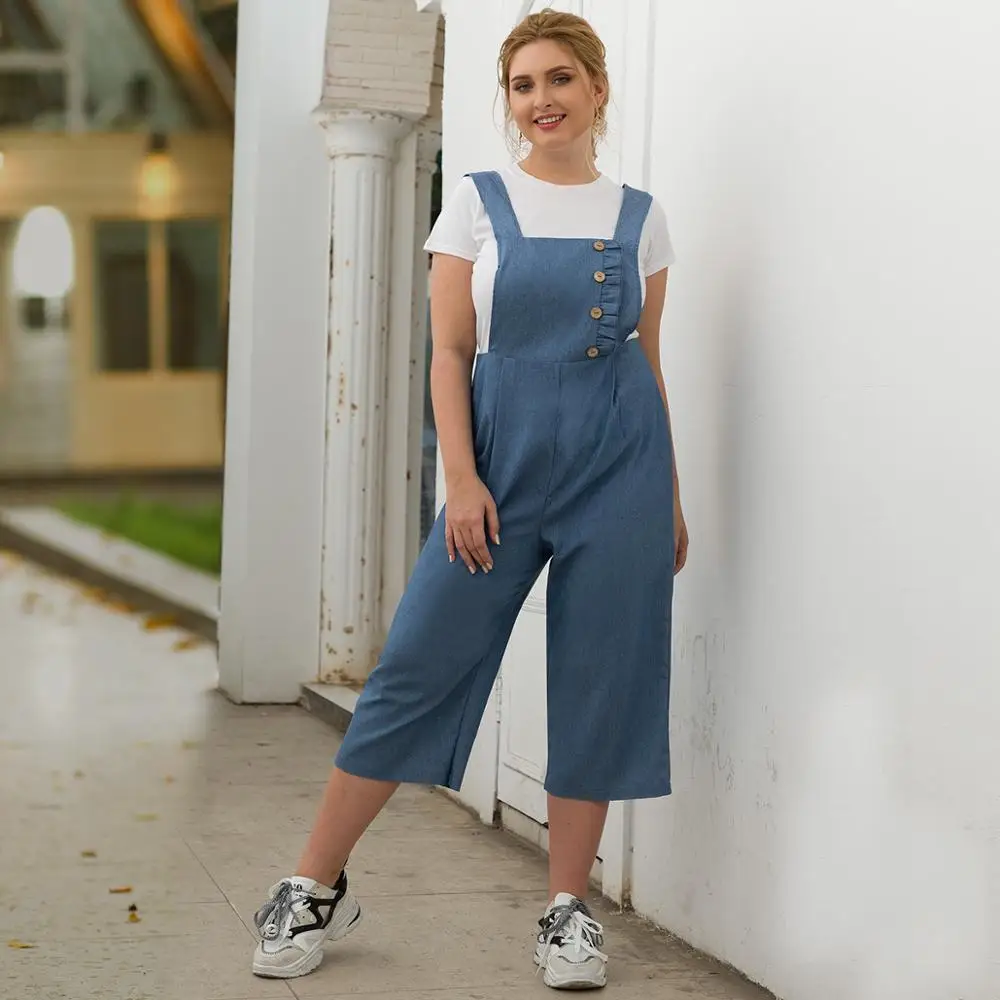 WHZHM джинсовые комбинезоны с кнопками Femme размера плюс 3XL 4XL с оборками свободные штаны на бретелях без рукавов летние лоскутные женские комбинезоны