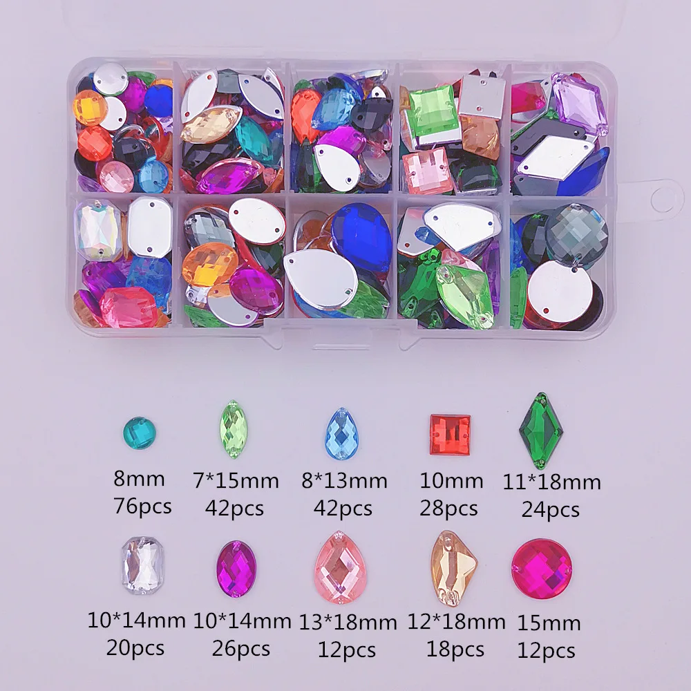 

10 Grids/Box 300pcs Acrylic crystal Flat Bottom Multi-size Sew On Rhinestones For Dress decoration,bags,garment,shoes