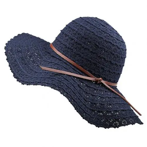 Navy Blue Для женщин женская летняя сумка для пляжа Складная солнцезащитная Кепка Регулируемый широкие свисающие поля соломенная шляпка - Цвет: Navy Blue