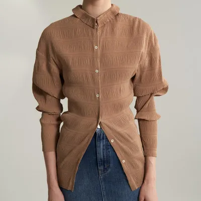 High Quality New Fashion Women Blouse Long Sleeve O Neck Button Front Slim Shirt Female Fashion Pleated Tops Blouse