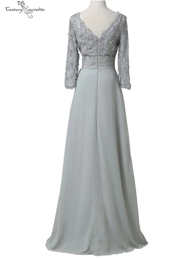 Серое платье для матери невесты с длинным рукавом, кружевное, расшитое бисером Плиссированное ТРАПЕЦИЕВИДНОЕ шифоновое длинное вечернее платье для матери, недорогие платья размера плюс