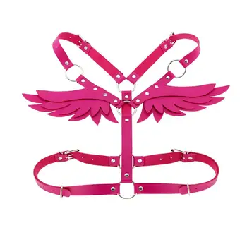

Pink Wings Angle Leather Lingerie Crop Tops Sexy Back Strap Dance Costume Gothic Women Body Cage Harness Bra Adjustable Belt