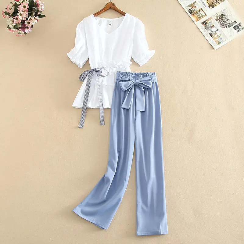 

Oversize Pantsuit Summer Slim Ruched Tight Waist Sash Lace-Up Wide-Leg Trousers Ruffles V-Neck White Tops Blouse Two-Piece Set