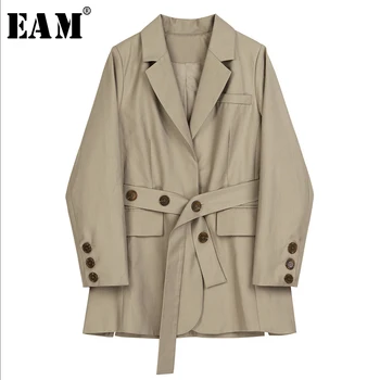 

[EAM] Women Khaki Button Bandage Big Size Blazer New Lapel Long Sleeve Loose Fit Jacket Fashion Tide Spring Autumn 2020 1Y438