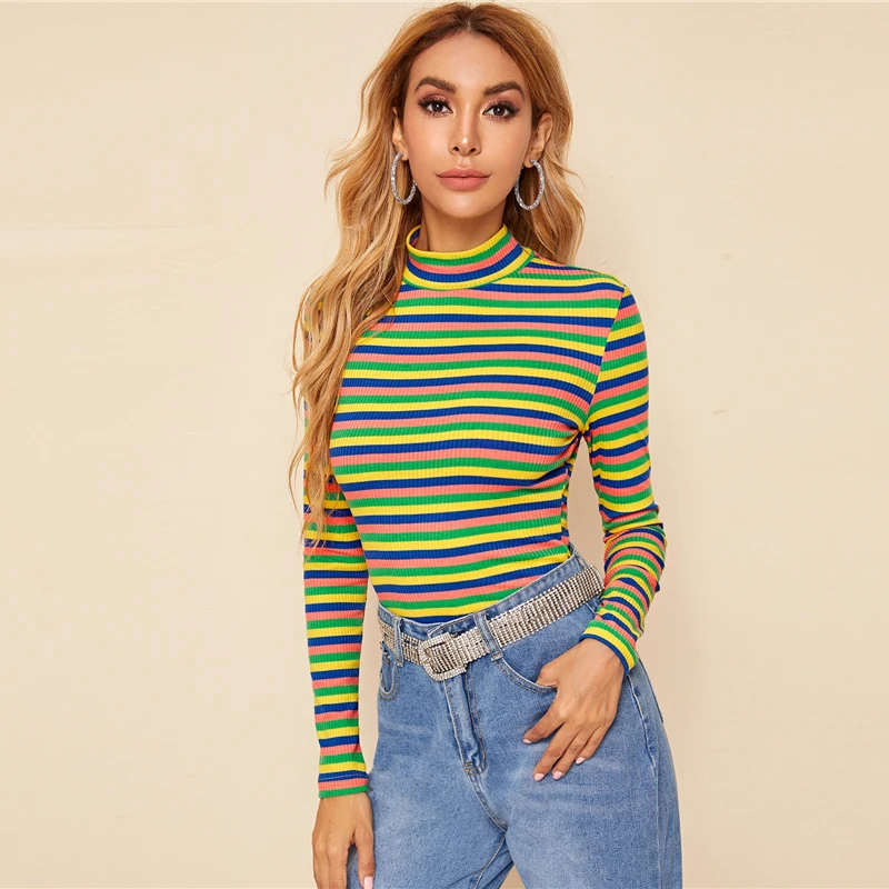 SHEIN многоцветный стоячий воротник полосатый ребристый вязаный Повседневная футболка Женские топы осень длинный рукав облегающие эластичные футболки