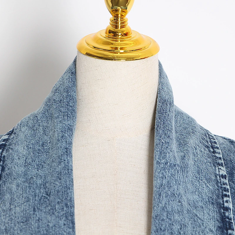 CHICEVER Blue Denim Trench For Women Lapel Batwing Three Quarter Sleeve Loose Big Size Windbreakers Female 2021 Autumn Clothing