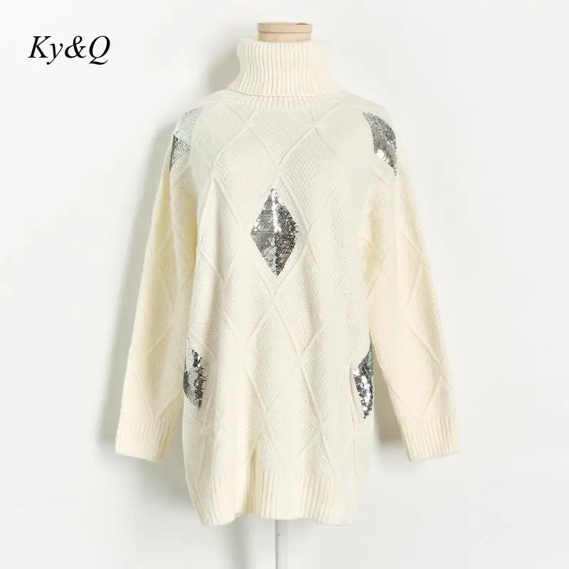 Brand 2019 Winter Women Pink Luxury Pullover Long Loose Lazy Turtleneck Sequin Rhombus Warm Knitted Sweater Clothes Jumper | Женская