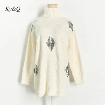 

Brand 2019 Winter Women Pink Luxury Pink Pullover Long Loose Lazy Turtleneck Sequin Rhombus Warm Knitted Sweater Clothes Jumper