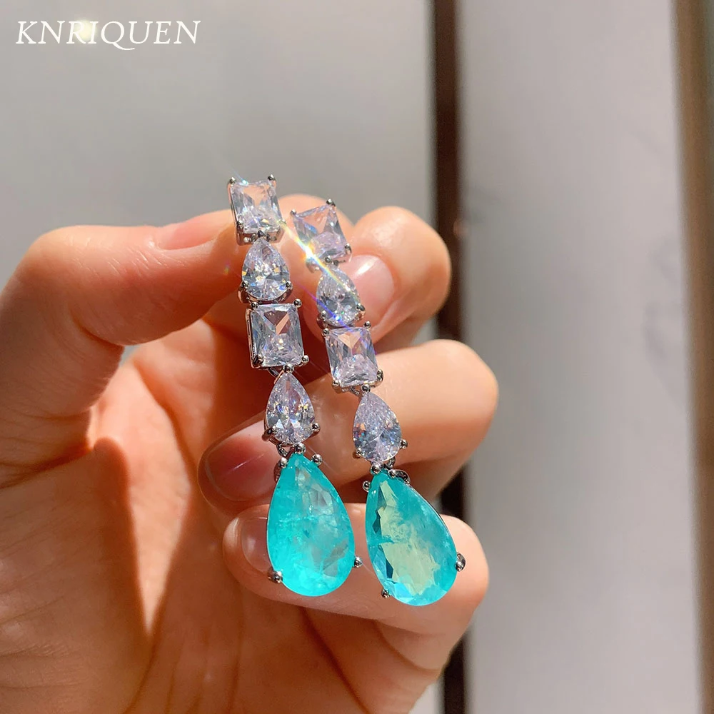 

2021 Trend Vintage Paraiba Tourmaline Emerald Lab Diamonds Drop Long Earrings for Women Elegant Gemstone Party Fine Jewelry Gift