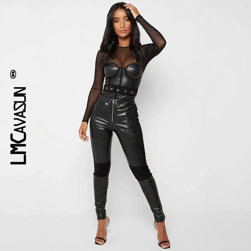 

LMCAVASUN Harem Pants Trousers Women Faux Leather Loose Jogger Mujer Black High Street Elastic Waist Casual Combat Streetwear