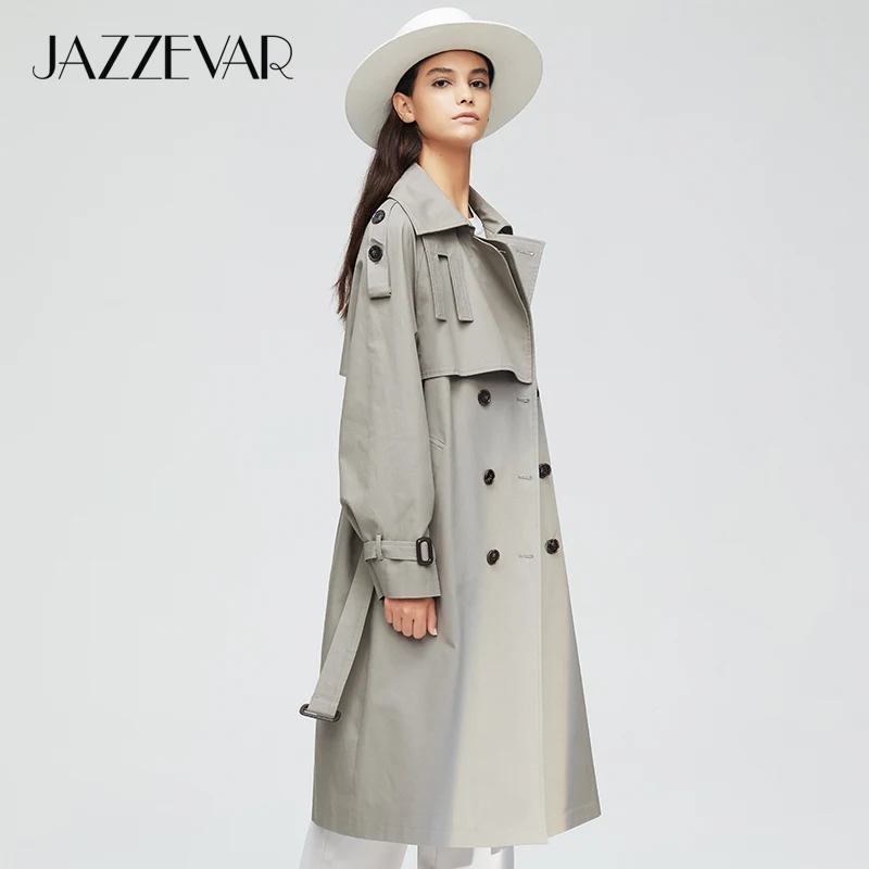 JAZZEVAR Новое поступление осенний серый плащ женский двубортный плиссированный длинный верхняя одежда для леди высокое качество пальто для женщин 9003-1
