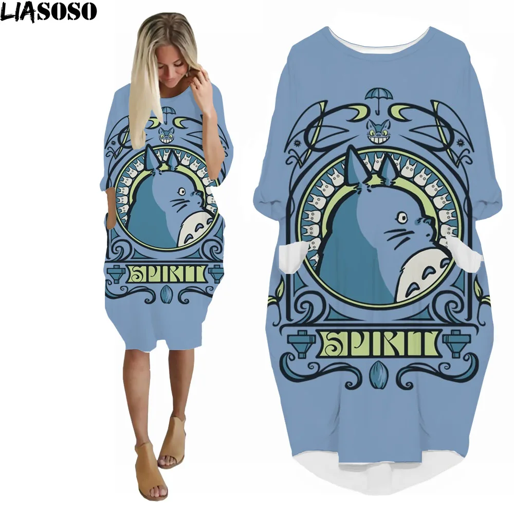 LIASOSO Anime Totoro Dress 3D Printing Girls Street Interesting Fashion Trend Wild Loose Long Sleeve Over The Knee Dress Womens