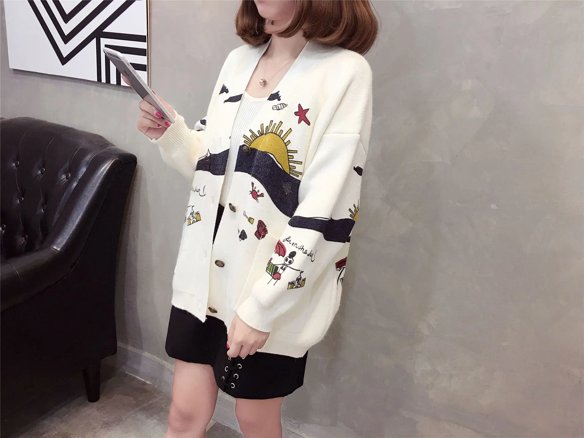 Women Print V Neck Sweater Cardigan Female Spring Winter Knitted Cardigan Coat Ladies Preppy Style Outerwear Big Pocket AA11938