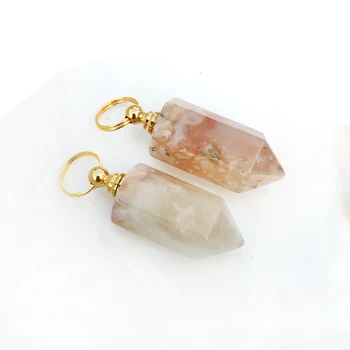 

1PC Natural Flower Agate Wand Point Diffuser Pendant Quartz Crystal Perfume Bottle Essential Oil Jar Necklace Healing Crystal