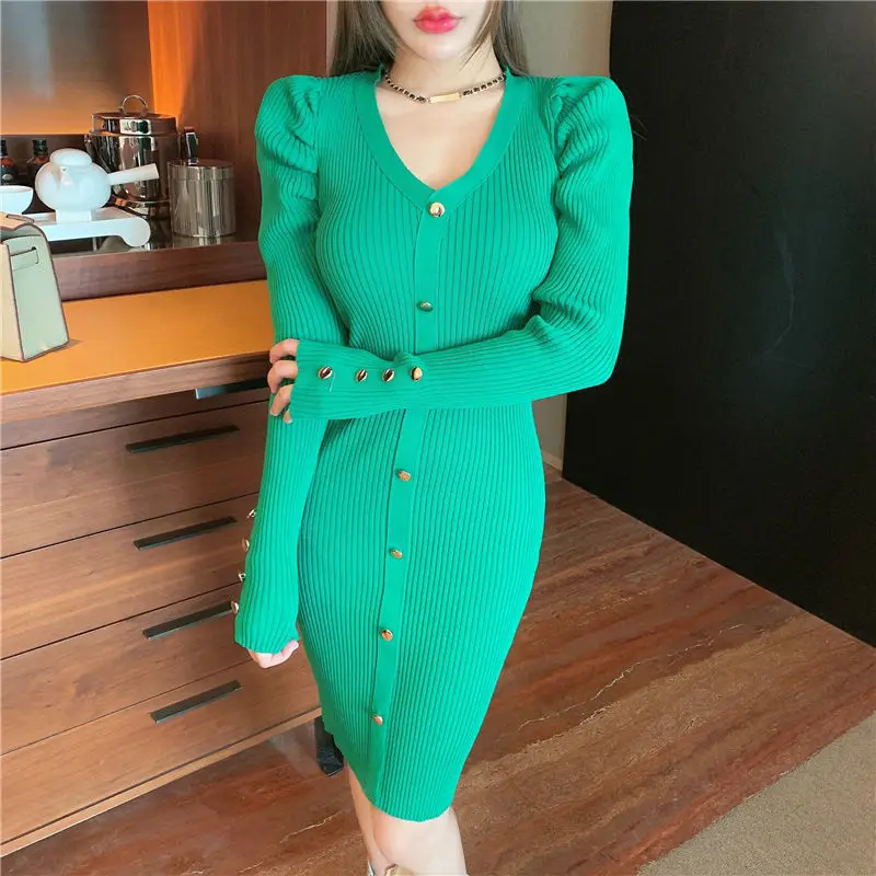 

Green Winter Elegant Pencil Dresses Women V Neck Puff Long Sleeve Sweater Dress Ladies Buttons Bodycon Buttocks Knitting Dress