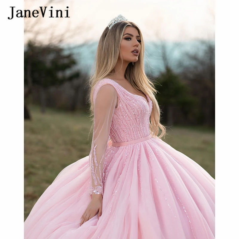 JaneVini, роскошное бальное платье, Розовое Бальное Платье, v-образный вырез, длинные рукава, расшитое бисером, принцесса, Сауди, арабский тюль, платье, милые 16 вечерние платья