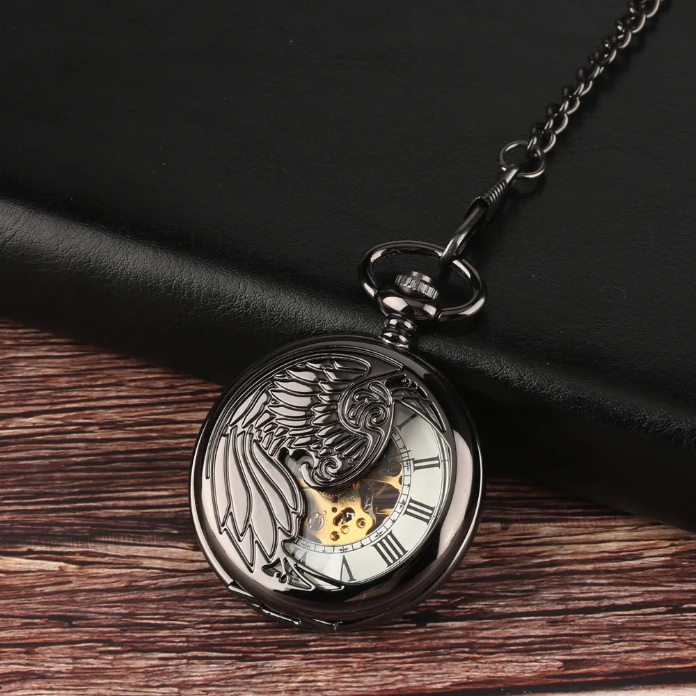 Vintage Black Wing Pattern Mechanical Pocket Watch Male Retro Pocket Pendant Clock with Chain Half Hunter Manual Timepiece reloj