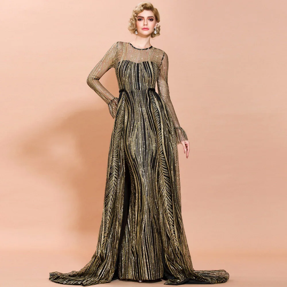 

2020 Luxury Golden Sequins Women Long Evening Party Dress Sexy Mesh Sheer See Through Long Sleeve Dresses Two Piece Transparent