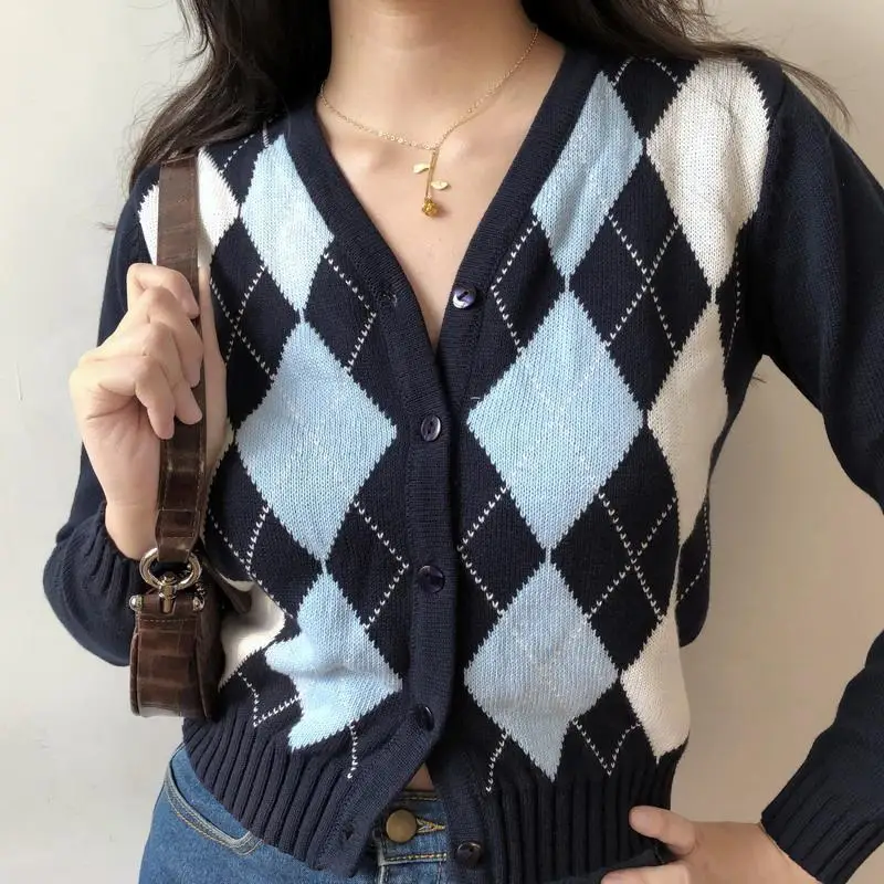 

Women Cardigan Argyle Knit Sweater Vintage Stylish Geometric Pattern Slim Crop Top V-Neck England Style Long Sleeve Outerwear