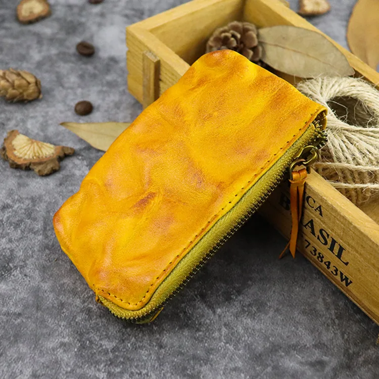 Винтажный бумажник из натуральной кожи, мужские кошельки для монет, короткий кошелек на молнии, Женский кошелек-брелок для ключей, маленький мужской мини-кошелек - Цвет: Yellow