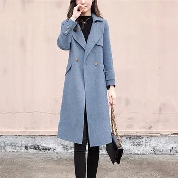 

New Autumn Winter Women Coats Plus Size Fashion Loose Solid Pockets Slim Woolen Blends Coat For Women Larger Overcoat Coats