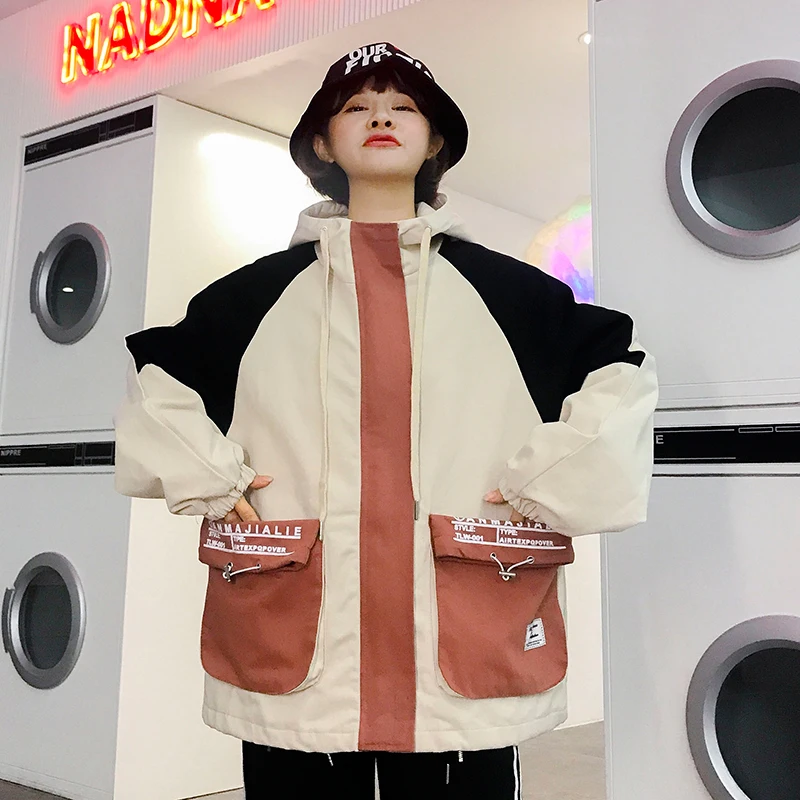 Harajuku куртка оверсайз для женщин осень пэчворк Хип Хоп мода уличная хит цветной принт свободный жакет с капюшоном