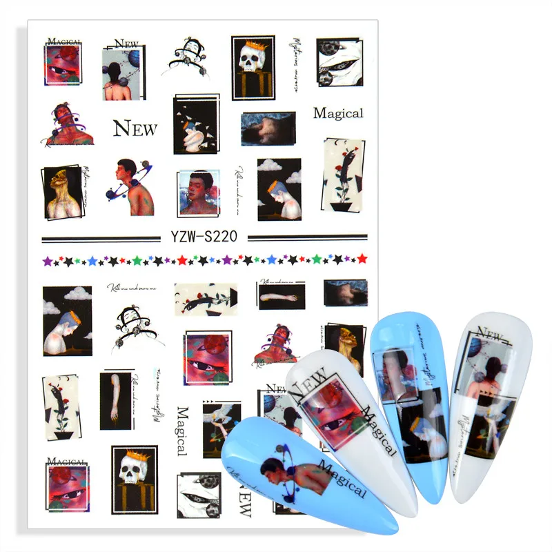 Adesivi Per Unghie Fiore 3D Schizzo Viso Immagine Astratta Ragazza Sexy Serpente Gatto Alieno Decorazioni Per Nail Art Cursori Adesivi Per Manicure Pe
