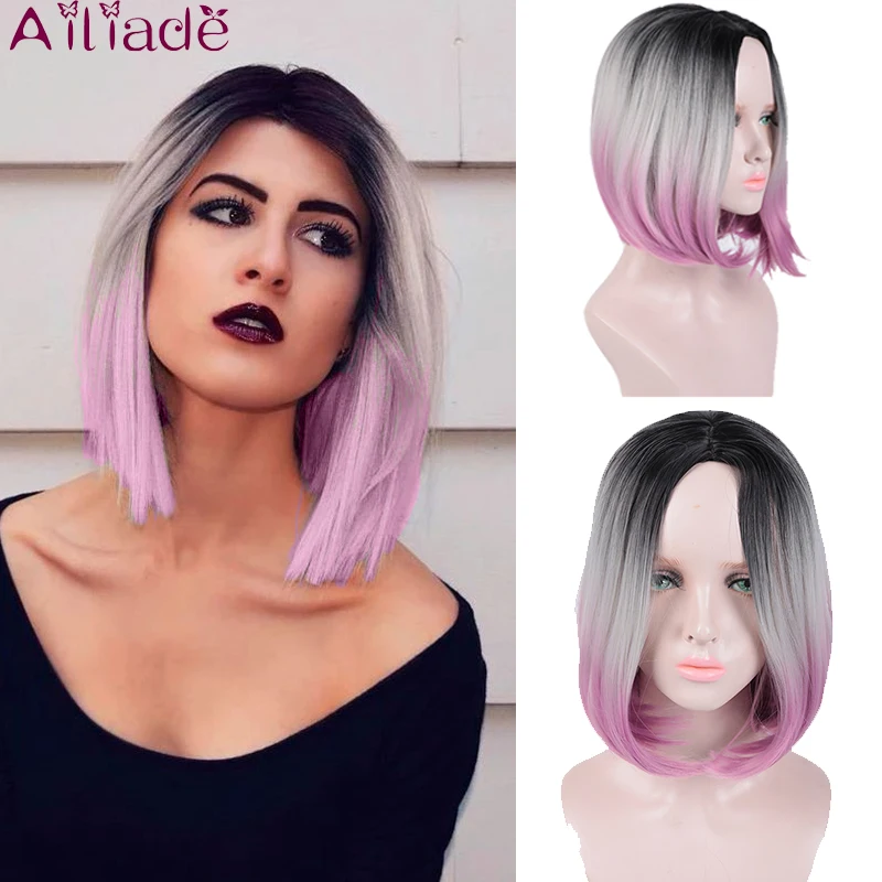 

AILIADE Women Heat Resistant Synthetic Hair Wig Bob Haircut Pixie Style Black Grey Pink Tricolor Color Short Straight hair Wig