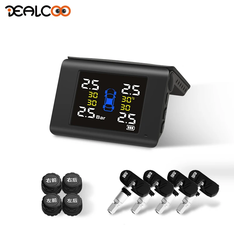 

Dealcoo Solar TPMS Car Tire Pressure Alarm Monitor System Display 4 Internal / External Sensor Temperature Warning LED Display